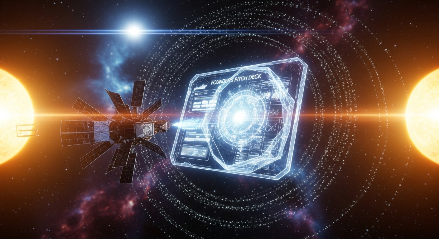 Deep-space probe approaching a luminous holographic pitch deck (Imagen 4)