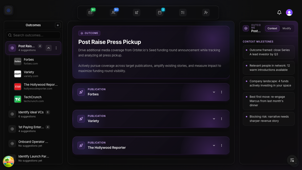 Outcomes view with purple Context Panel