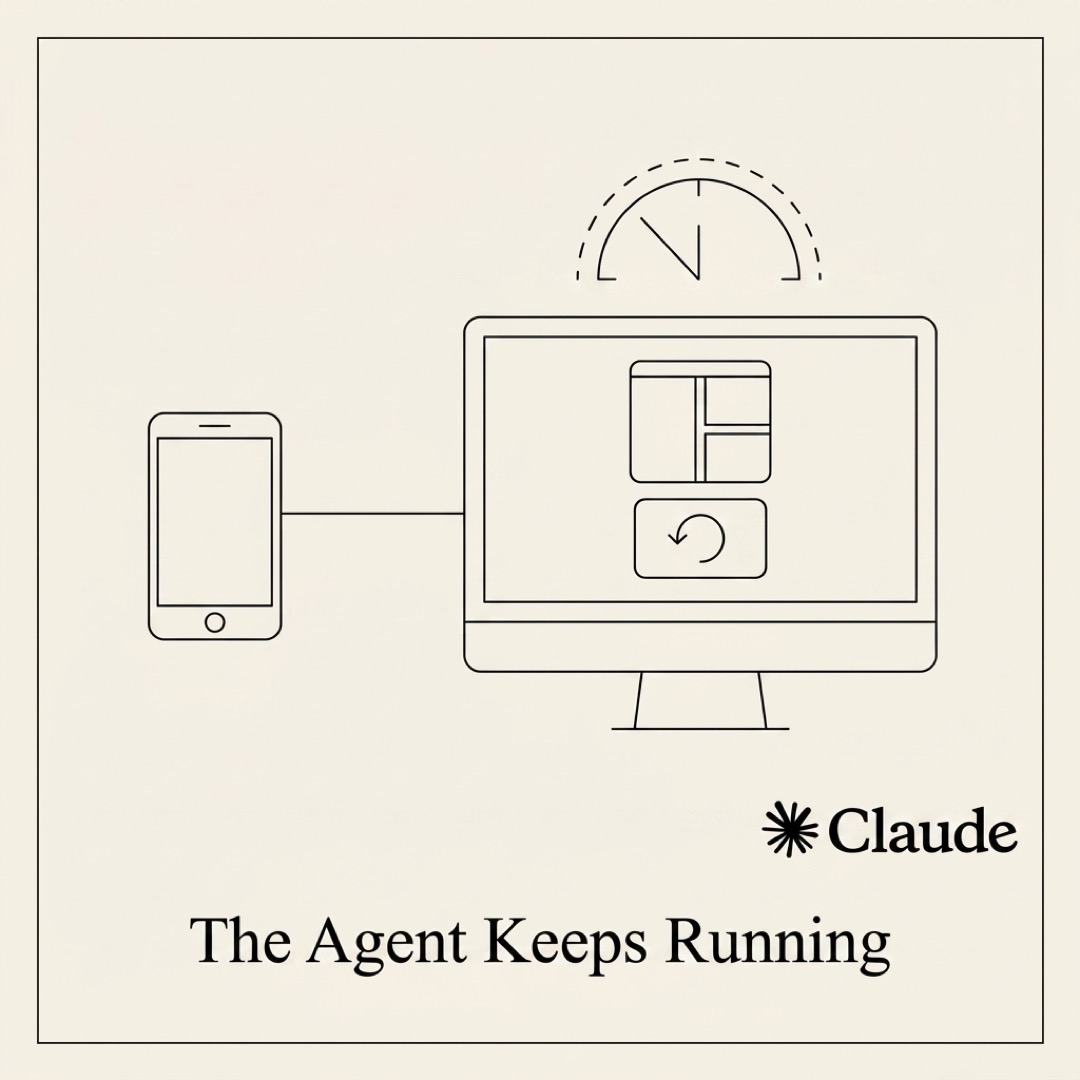 alt: A small phone on the left connected by an SSH line to a Mac Mini on the right. Inside the Mac Mini, a split tmux pane holds a running agent. A dashed clock arc above shows time continuing while you are away.