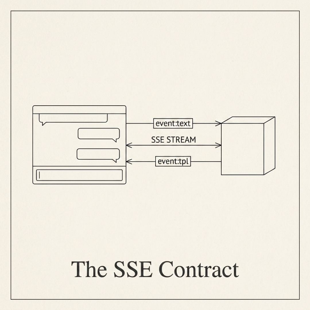 Chat UI on the left connected over a labeled SSE STREAM wire to a server box on the right, the wire tagged event:text and event:tpl with bidirectional arrows: The SSE Contract