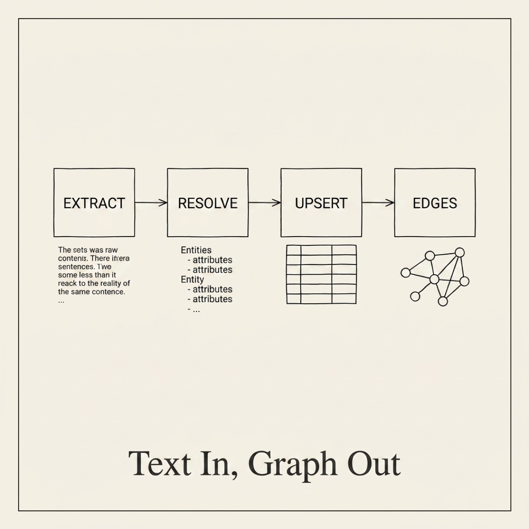 Horizontal four-stage pipeline labeled EXTRACT, RESOLVE, UPSERT, EDGES connected by thin arrows, raw text on the left becoming a graph on the right: Text In, Graph Out